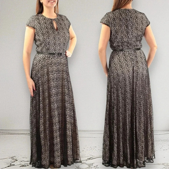 Alex Evenings All Over Lace A-Line Gown Dress Black Nude Size 14 - Picture 1 of 11